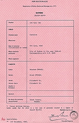 Caroline's birth certificate